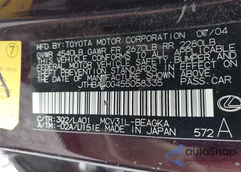 2005 Lexus Es 330 из США, поврежденный, VIN JTHBA30G455058335